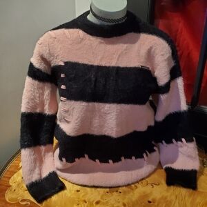 Pink and Black Striped Fuzzy Sweater w Stitches